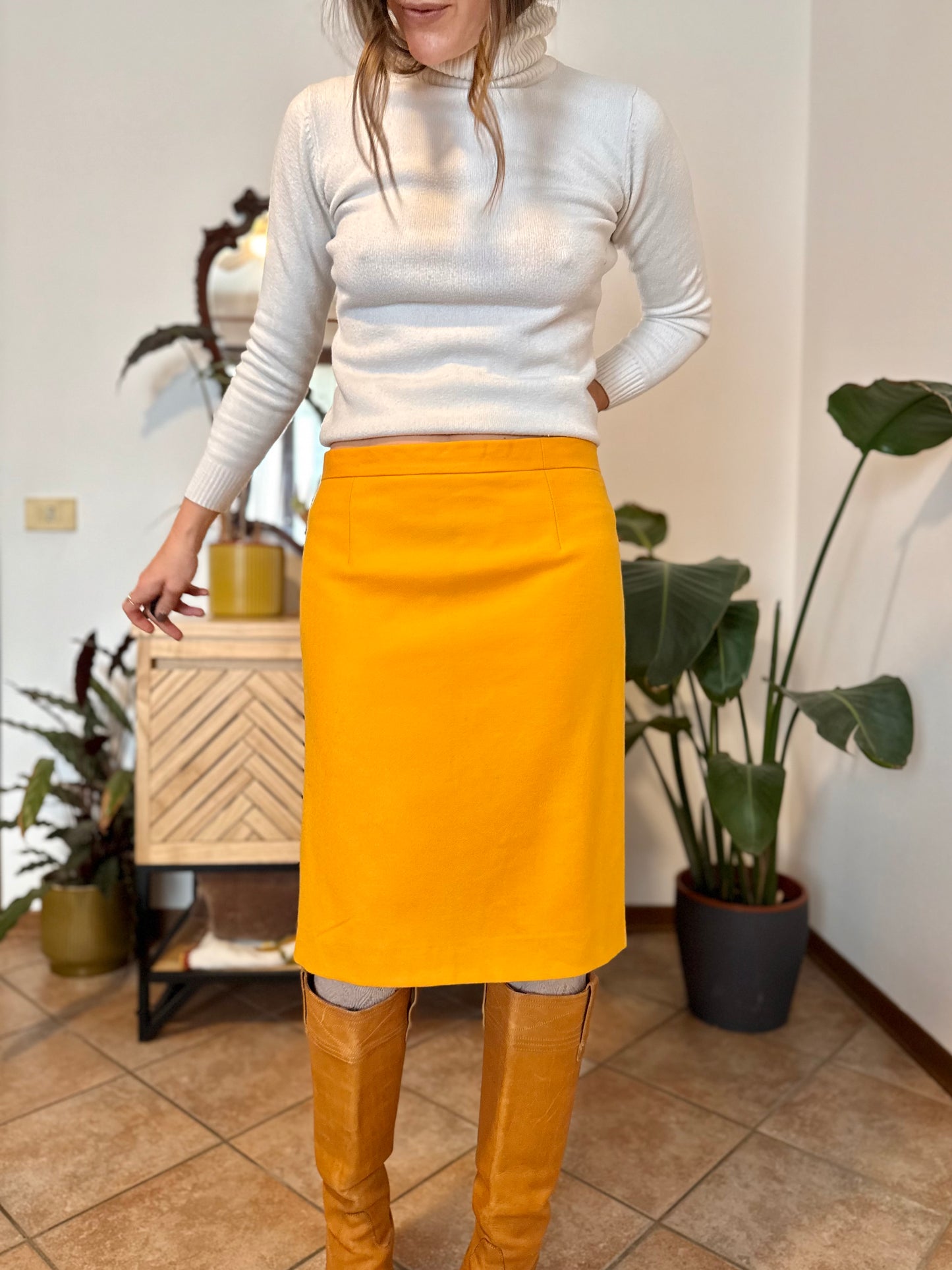 1970's vintage mustard yellow wool midi skirt