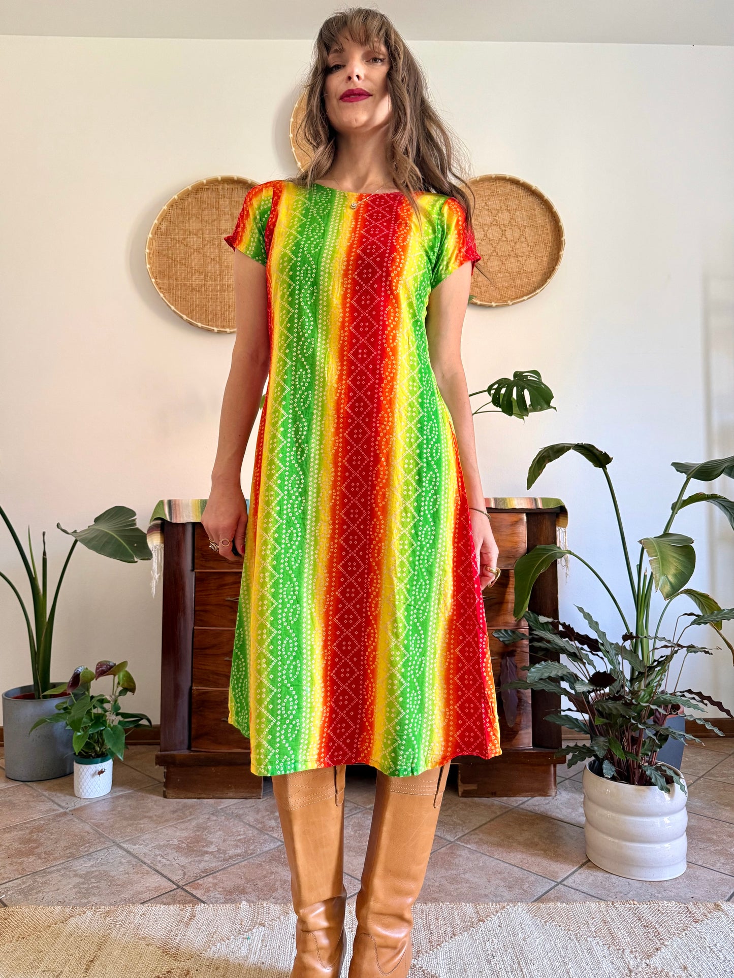 1970’s vintage multicolour tie die effect midi dress