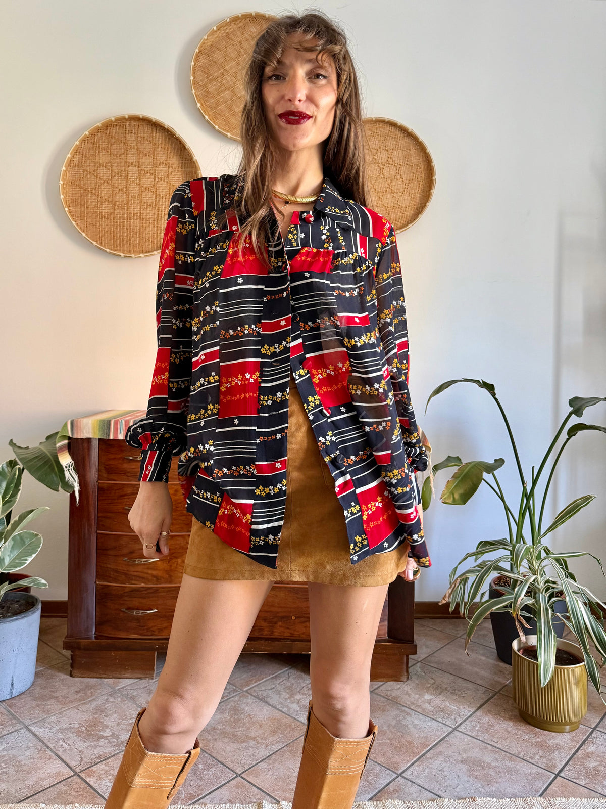 1970's vintage black, red and yellow stripe and floral print blouse