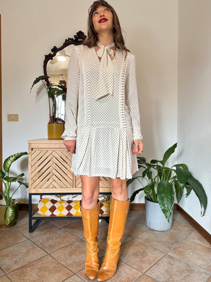 1990’s vintage cream pleated mini dress with black polkadots and bow tie neck