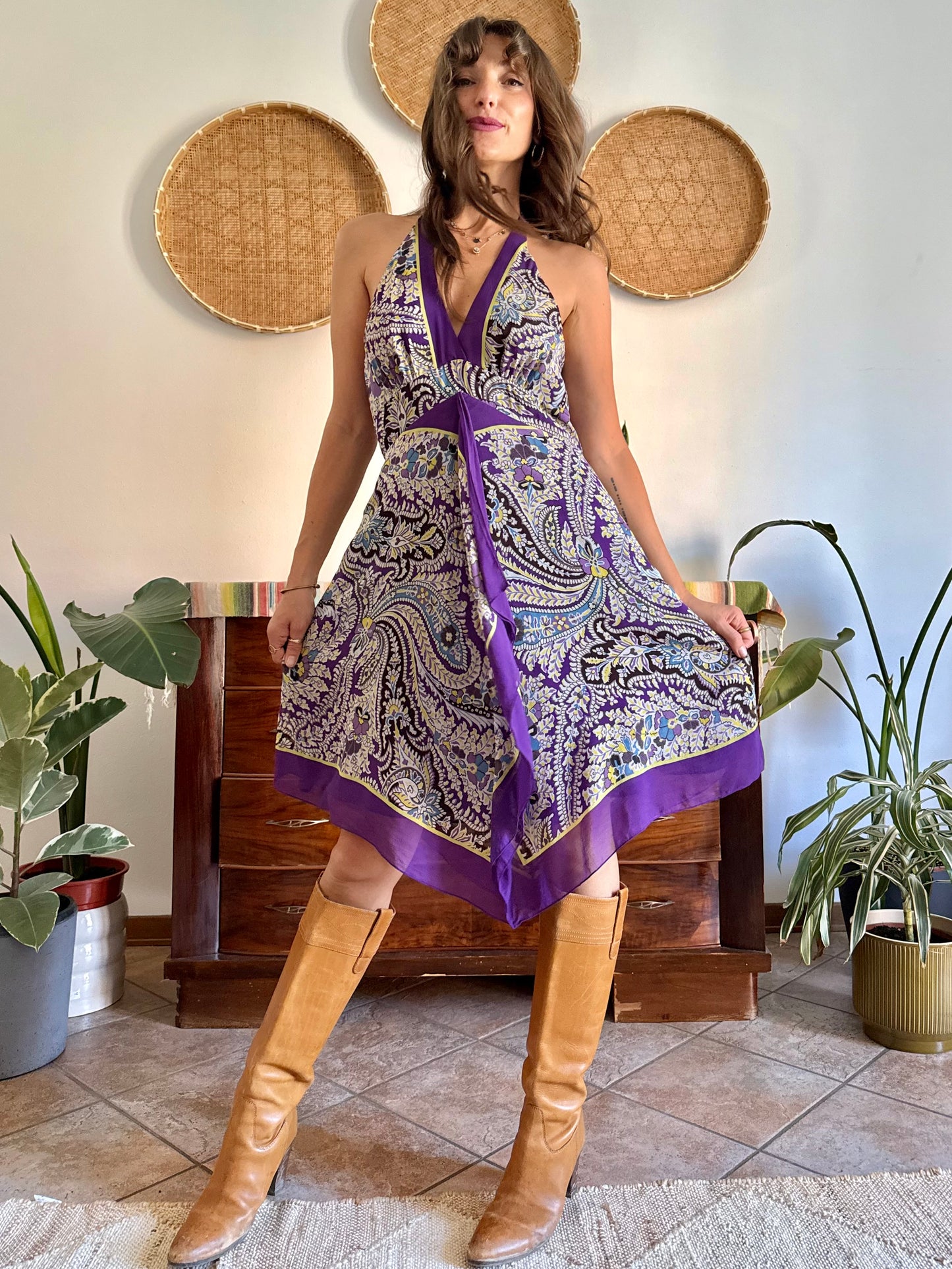 Y2k vintage purple and yellow floral silk halter top midi dress