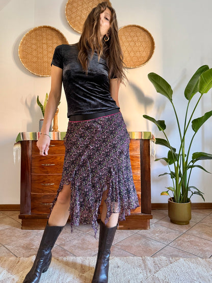 Y2K vintage asymmetrical hem silk paisley print skirt