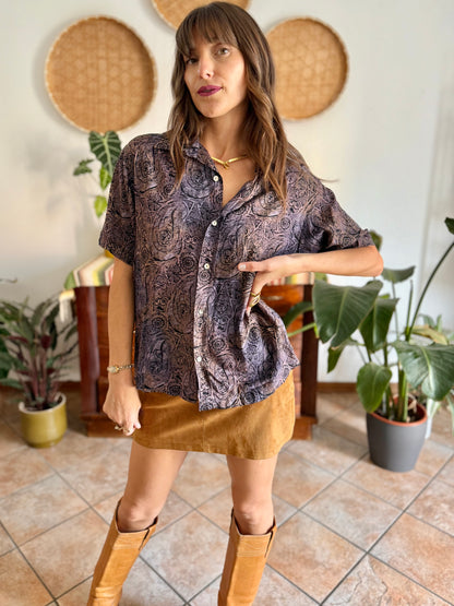 1970's vintage purple, tan and black abstract paisley print