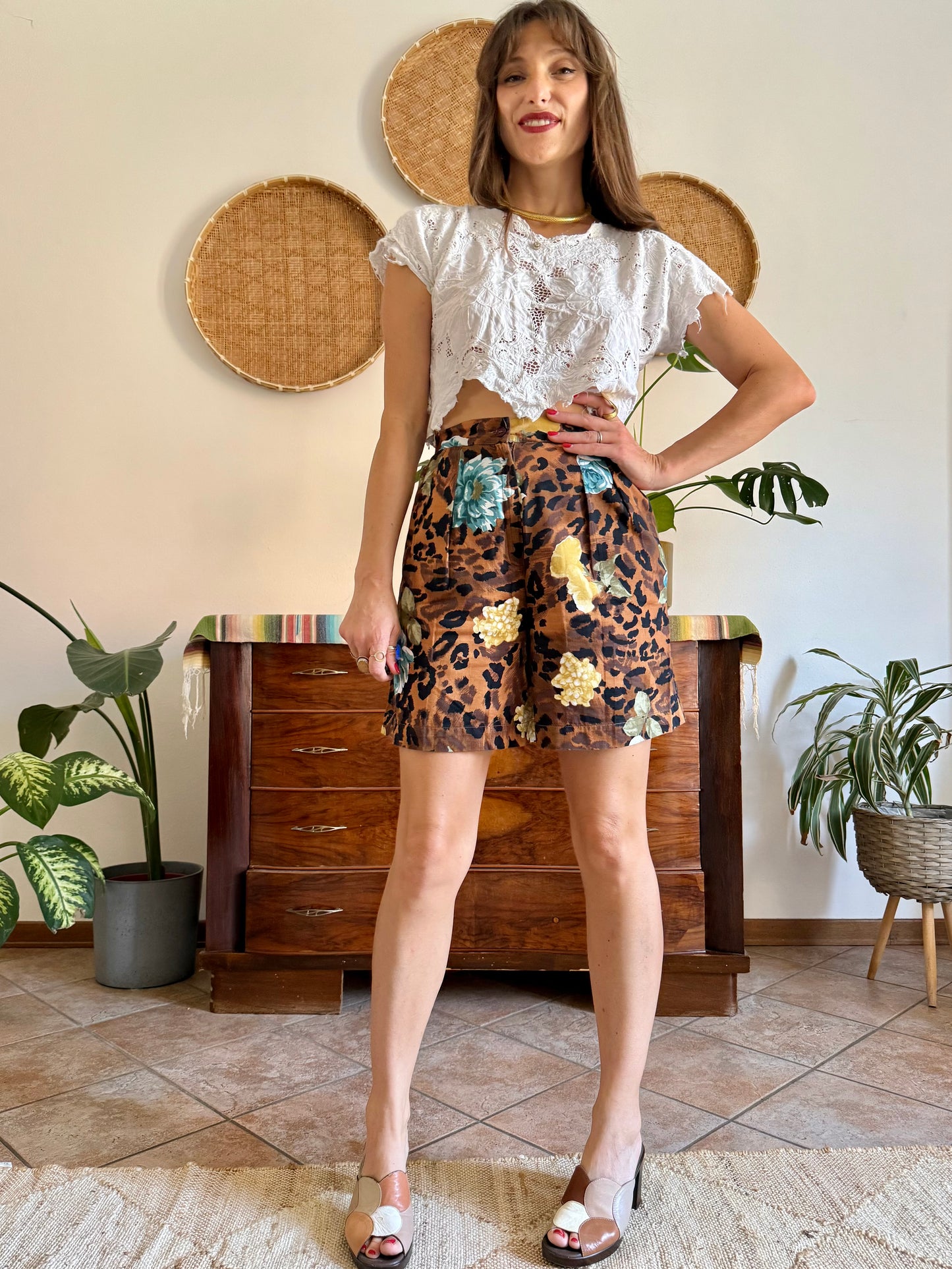 1980’s vintage leopard and floral print pleated front shorts