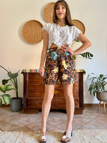 1980’s vintage leopard and floral print pleated front shorts