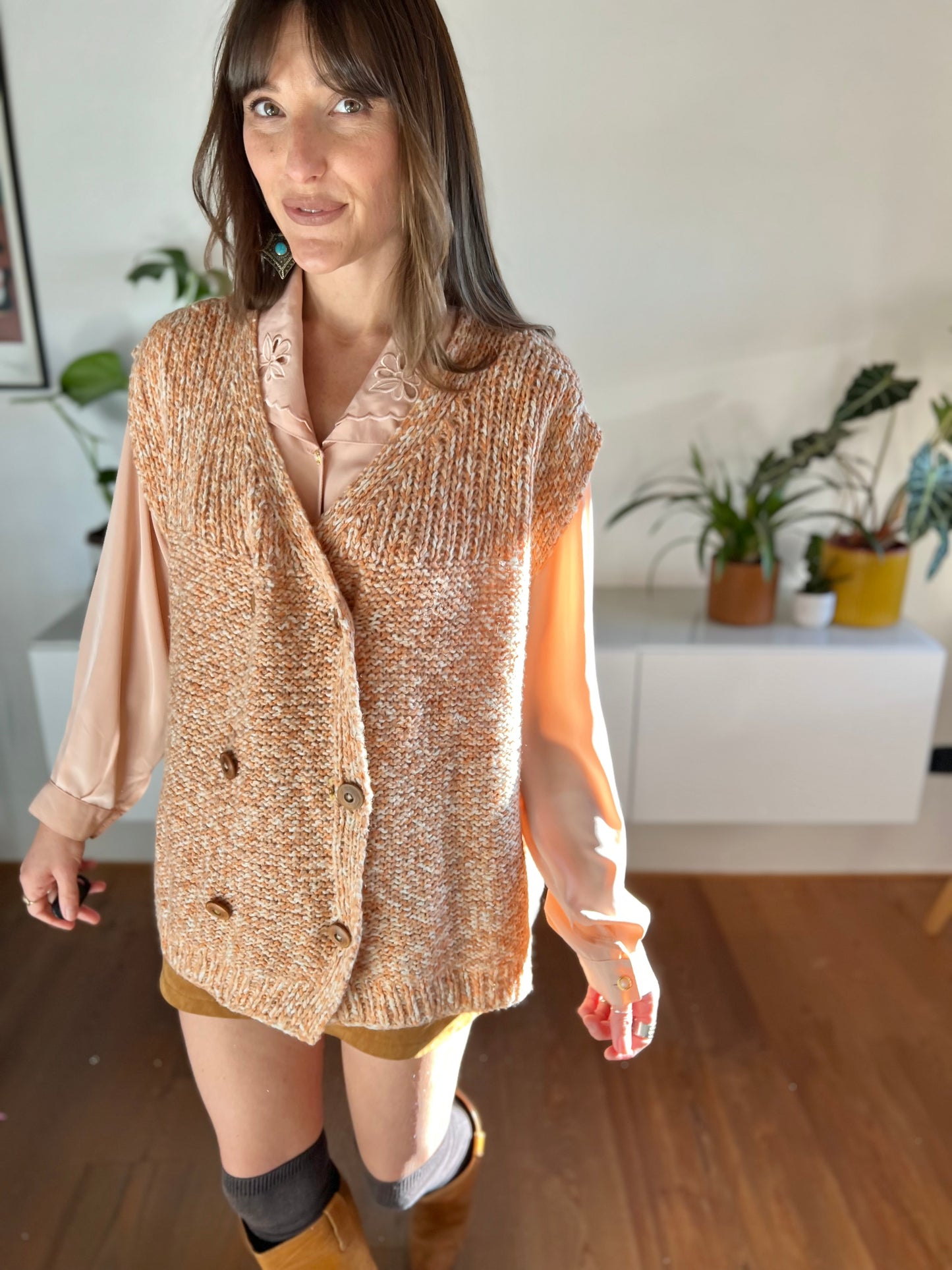 1970's vintage peach and cream oversize knit sweater vest