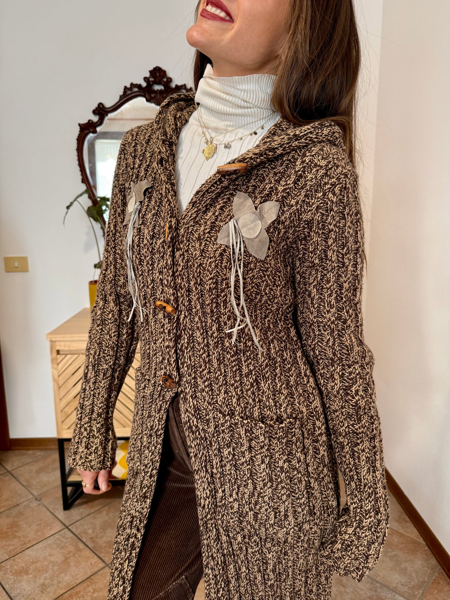Y2K vintage chocolate brown and tan knit duster cardigan with suede flower details