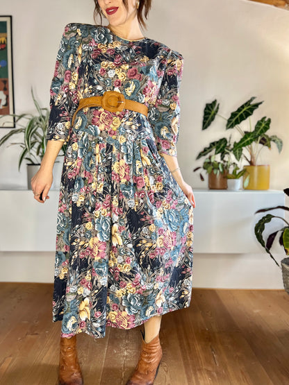 1970's vintage blue and rose coloured floral maxi dress