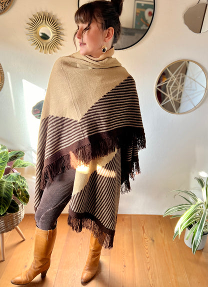 1970's vintage hand knit tan and chocolate brown geometric knit poncho with fringe detail