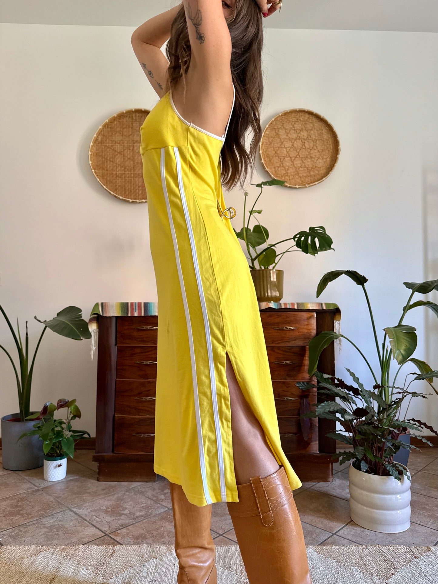 1990’s vintage canary yellow woven cotton midi dress with white stripe detailing