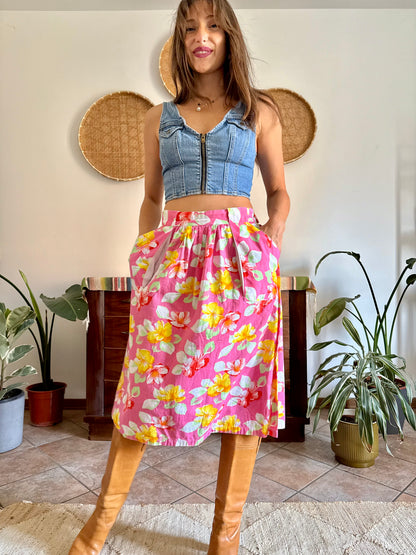 1970’s vintage pink and yellow button down midi skirt