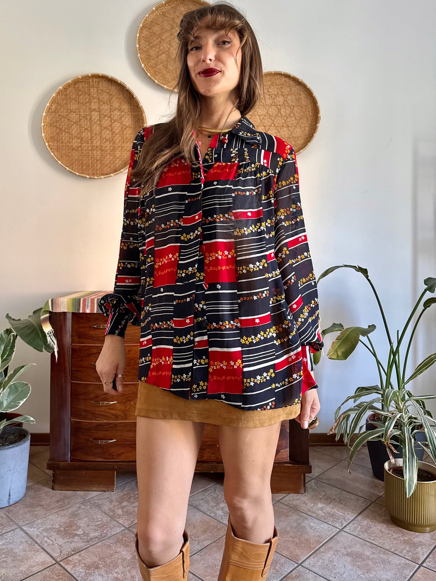 1970's vintage black, red and yellow stripe and floral print blouse