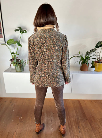 1970's vintage khaki velvet blazer with pink and cream floral print