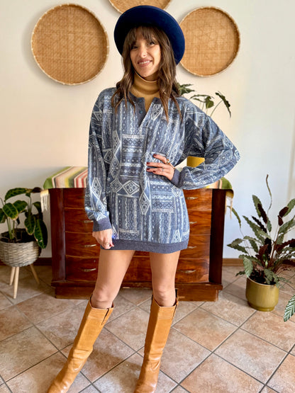 1980's vintage multi tonal blue geometric knit sweatshirt