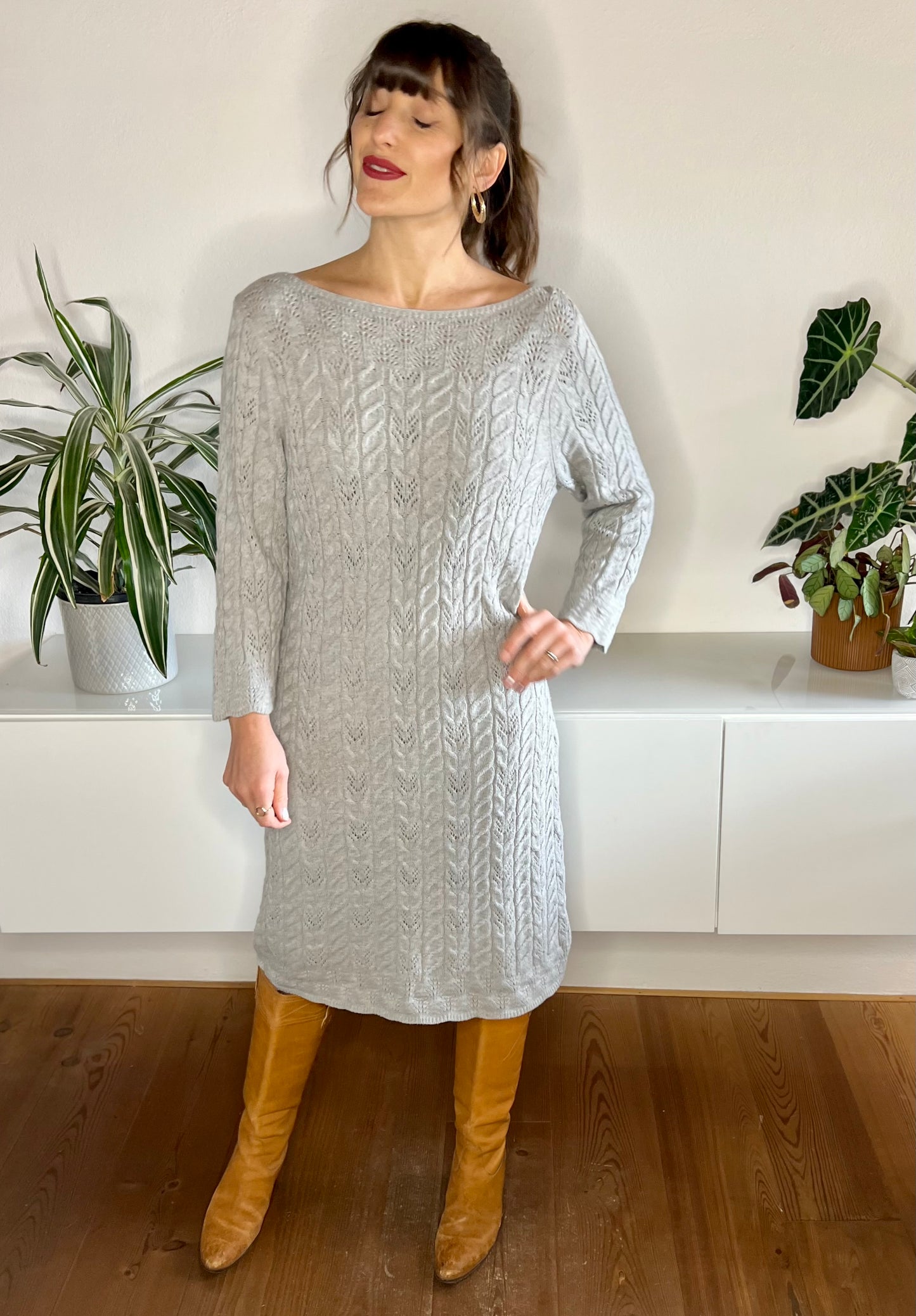 1990's vintage grey wool cable knit midi dress