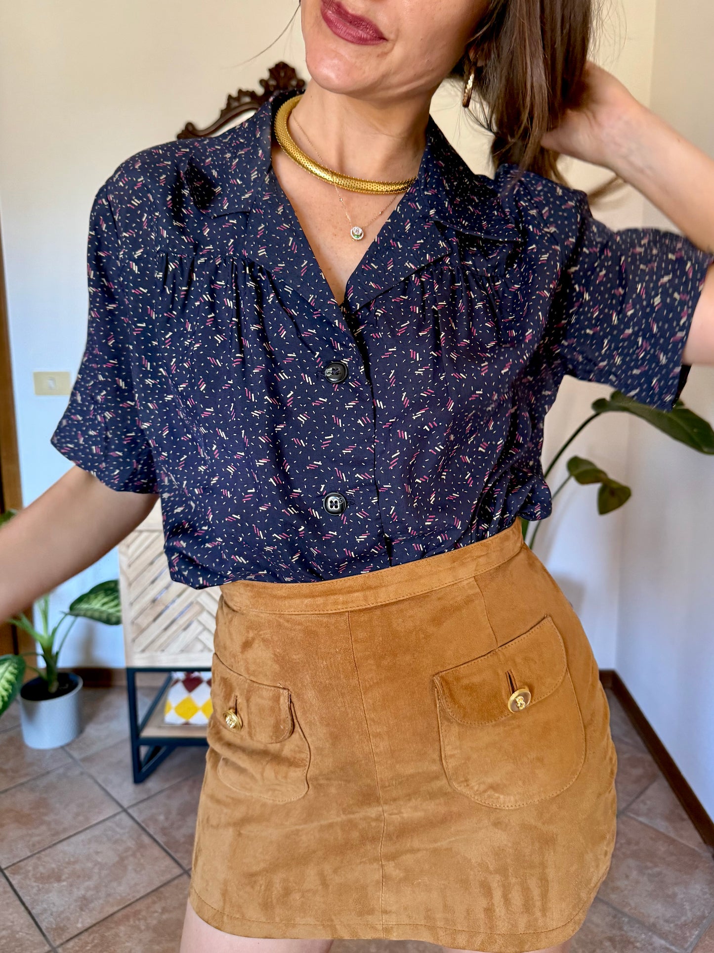 1970's vintage navy blue silk blouse with pink and tan abstract line print