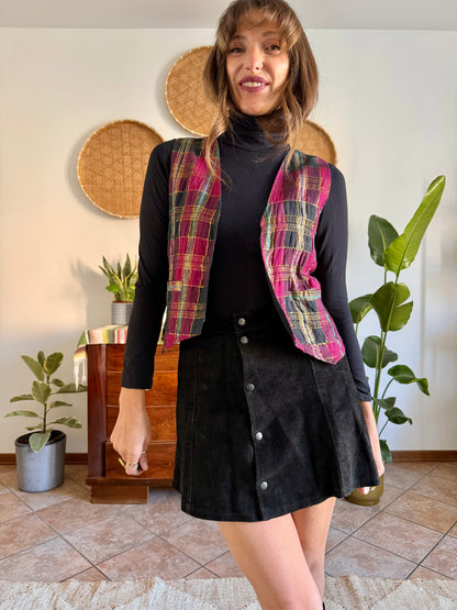 1970’s vintage fuchsia, black and gold plaid vest