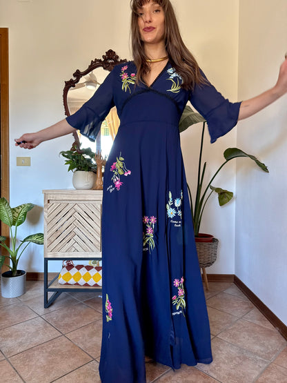 Y2k vintage navy blue belle sleeve maxi dress with floral embroidery