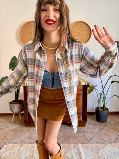 1970's vintage red, green and cream textured western style plaid button down shirt
