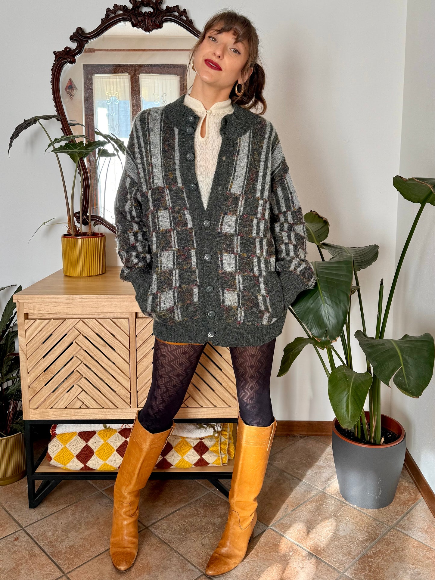 1970’s vintage grey cardigan with burgundy and yellow knit geometric pattern