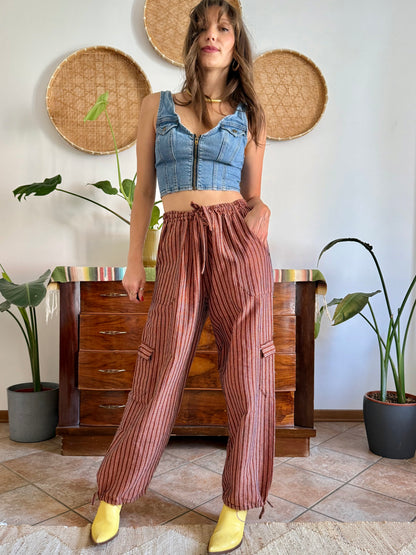 1990’s vintage chocolate brown and pink stripe woven wide leg trousers