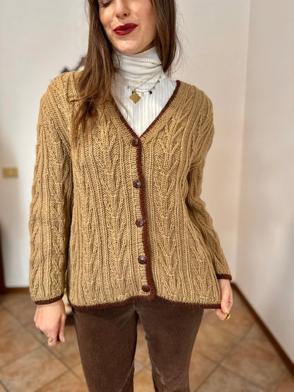 1970’s vintage tan hand knit wool cardigan with chocolate brown stitch trimming