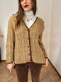 1970’s vintage tan hand knit wool cardigan with chocolate brown stitch trimming