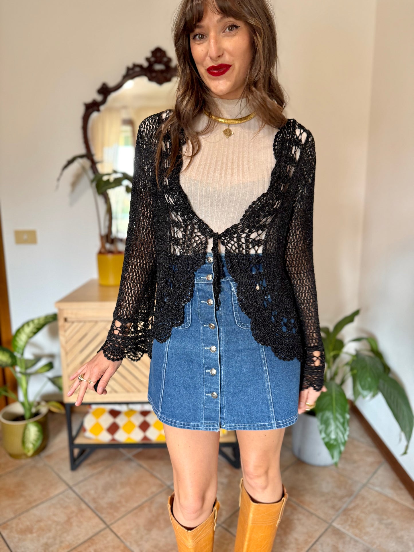 Y2k vintage black bell sleeve crocheted cardigan with silver thread accents