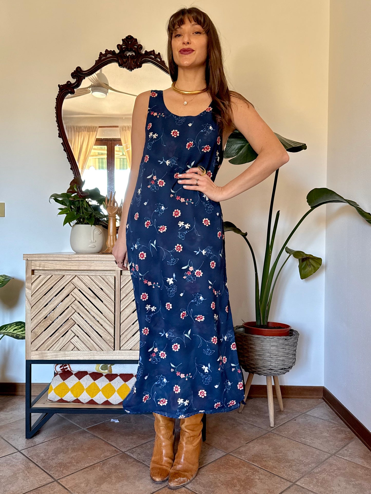 1990's vintage reversible navy blue floral print maxi dress