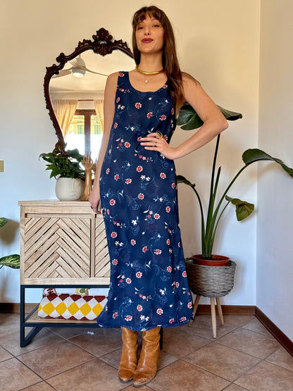 1990's vintage reversible navy blue floral print maxi dress