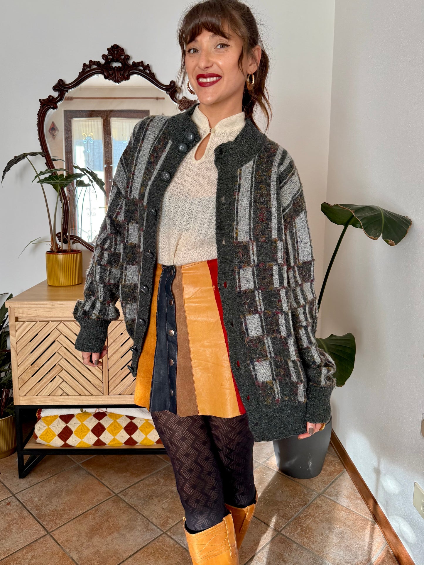 1970’s vintage grey cardigan with burgundy and yellow knit geometric pattern