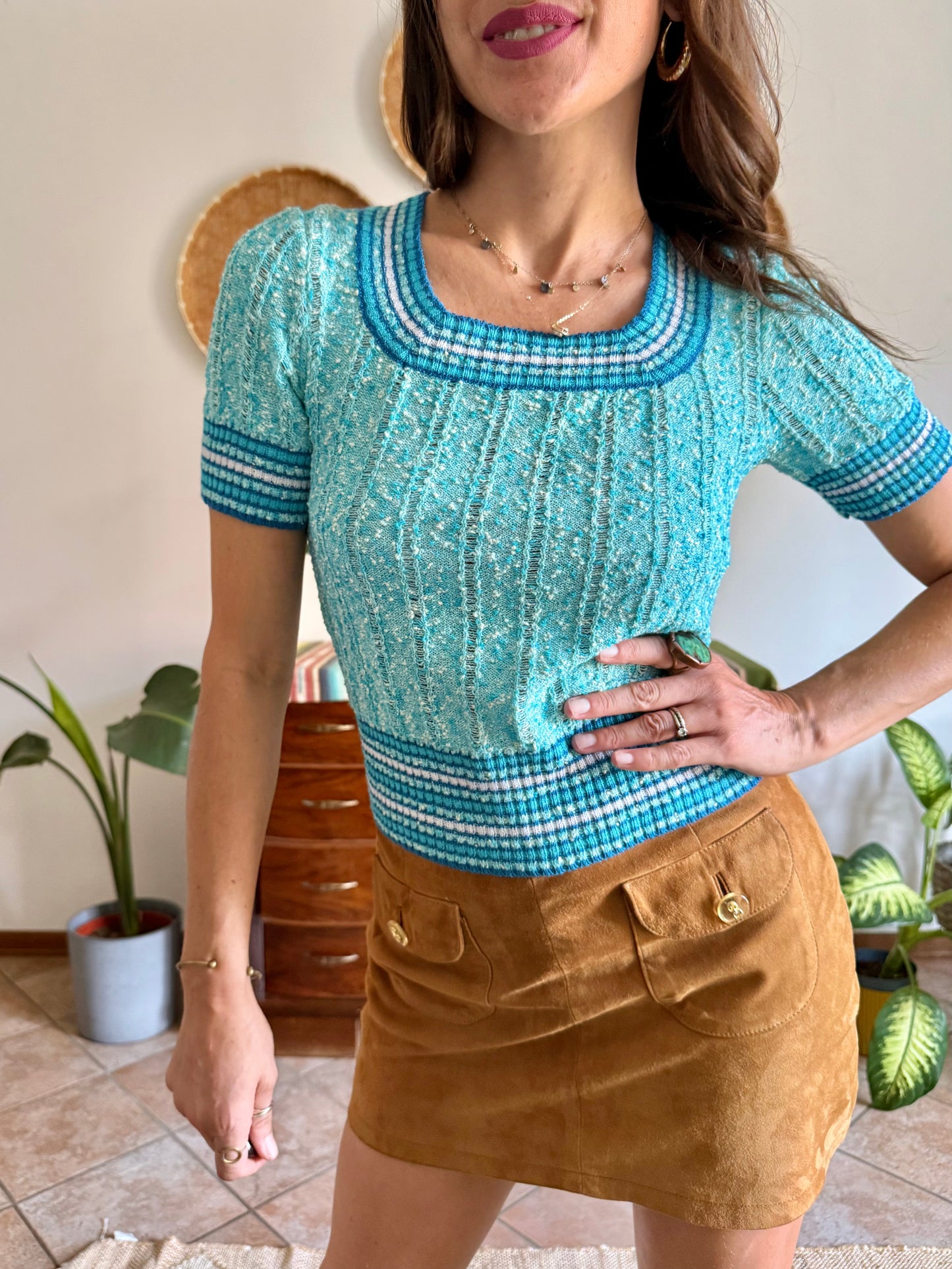 1970’s vintage turquoise,cream and blue textured knit top