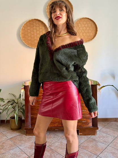 1970's vintage dark green and burgundy fur textured pullover