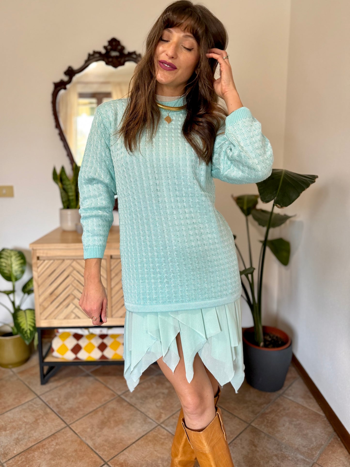 Y2k vintage light turquoise and silver wool blend  cable knit pullover