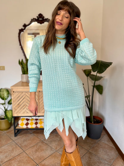 Y2k vintage light turquoise and silver wool blend  cable knit pullover