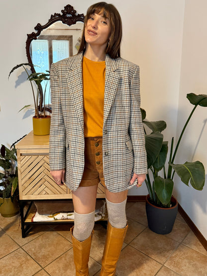1970s vintage oversize cream, grey and tan houndstooth plaid wool blazer