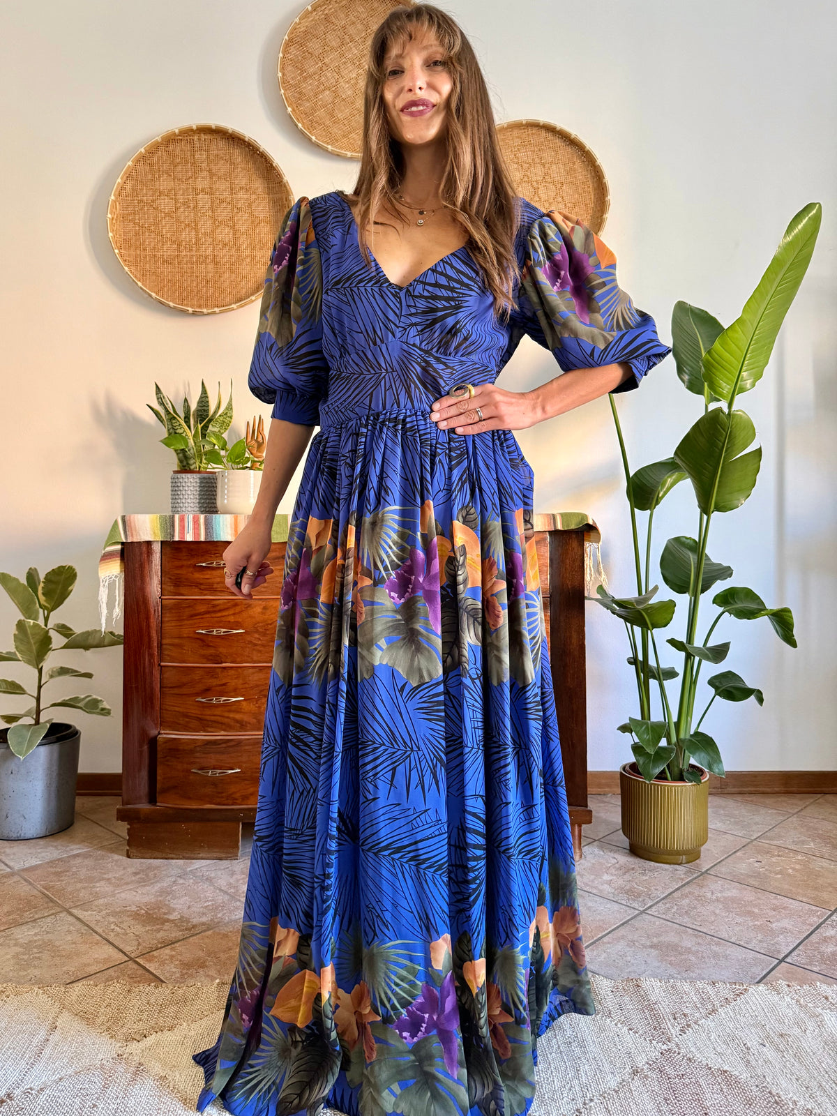 1960’s vintage blue floral silk evening gown with matching scarf and belt