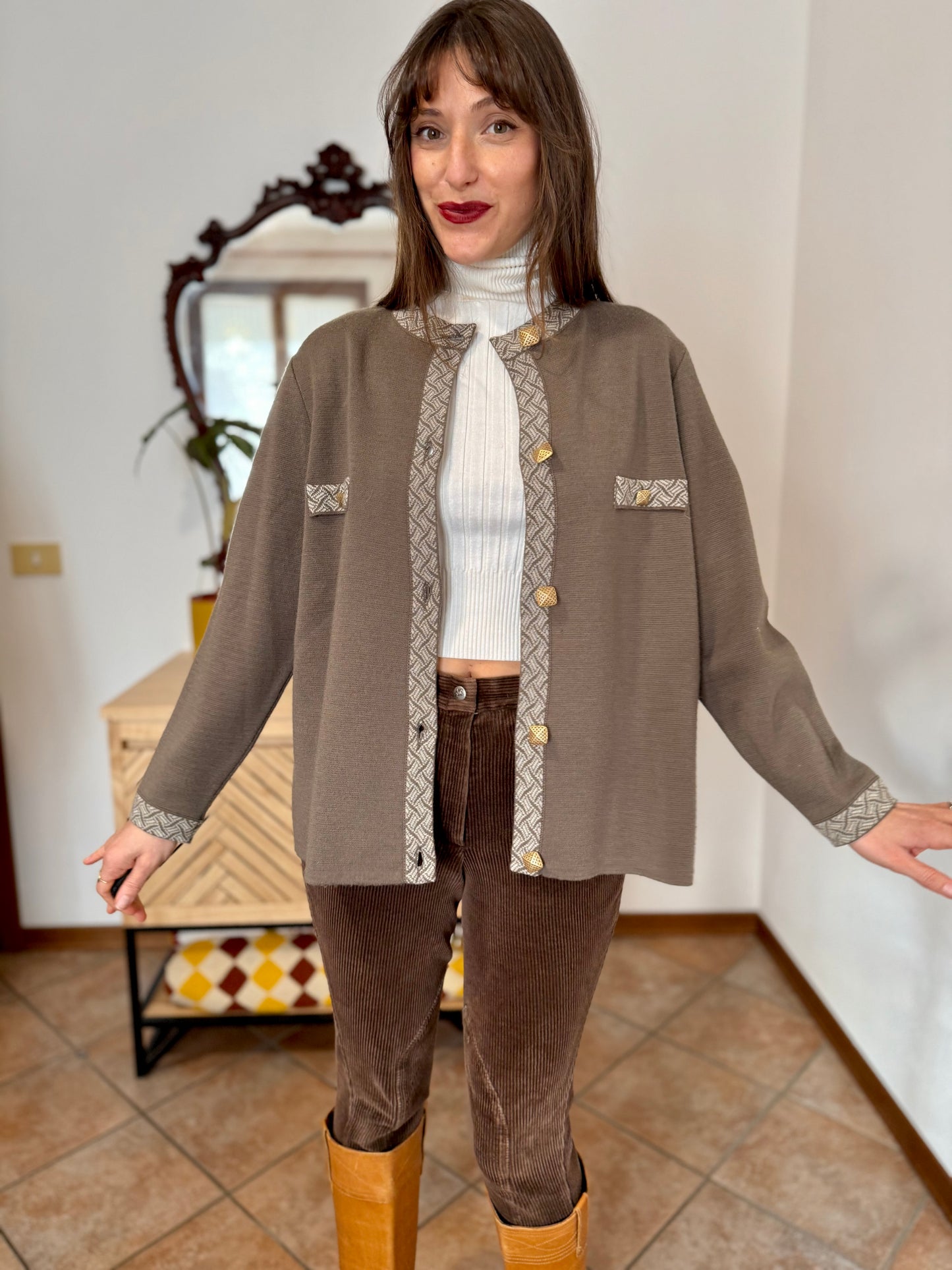 1980's vintage khaki wool cardigan with cream geometric knit pattern and square brass buttons