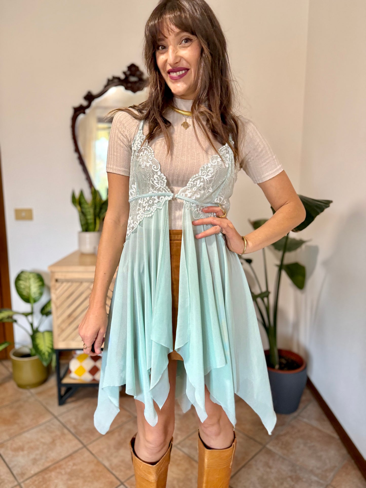 Y2K vintage asymmetrical light turquoise and lace slip