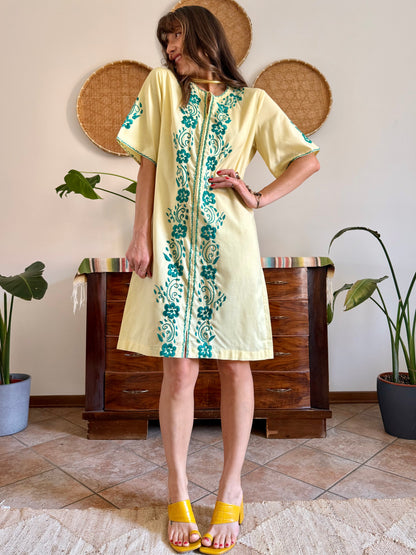 1970's vintage butter yellow cotton midi dress with green floral embroidery