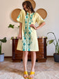 1970's vintage butter yellow cotton midi dress with green floral embroidery