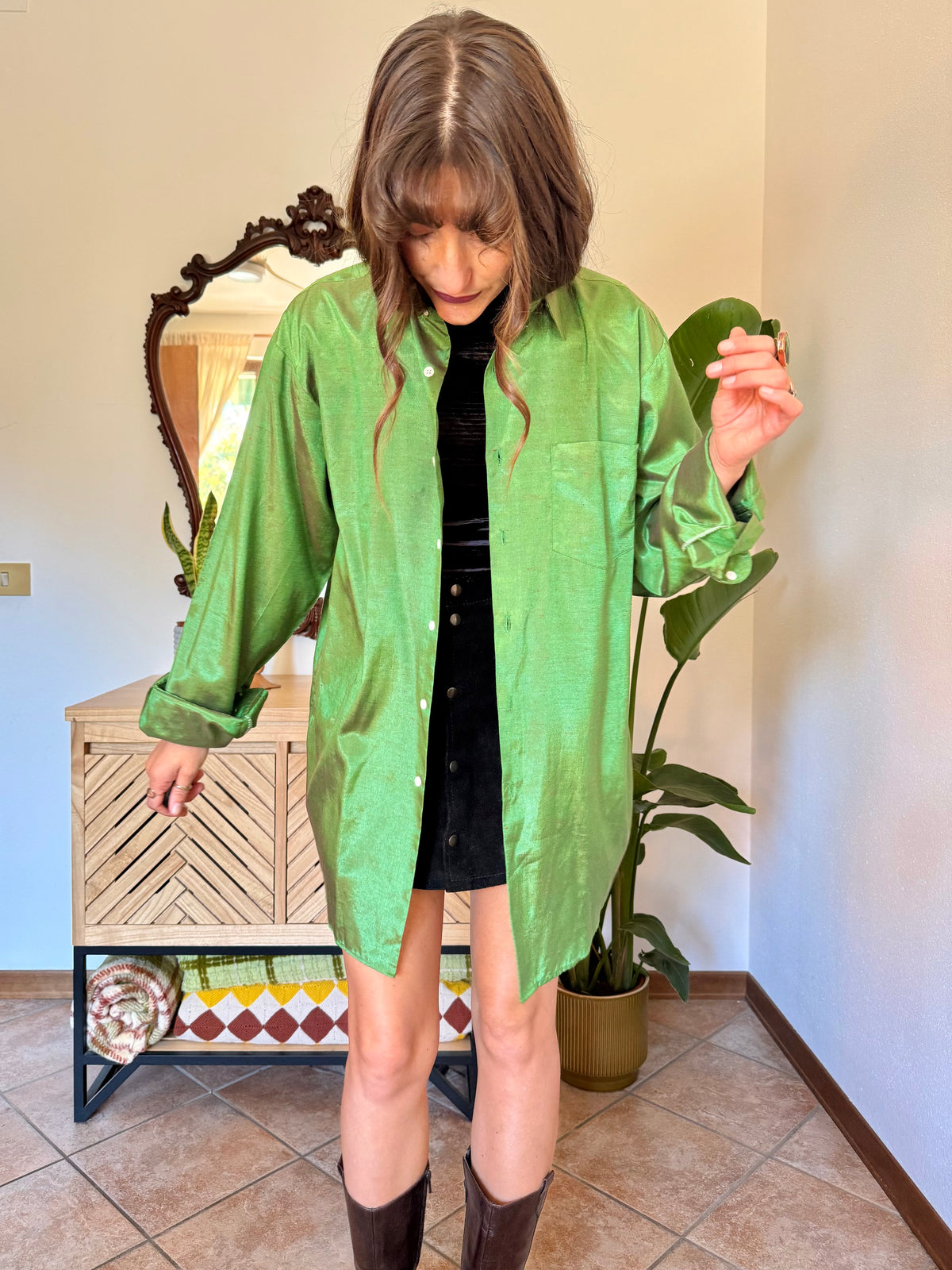 1970’s vintage oversize green and brown iridescent silk blouse
