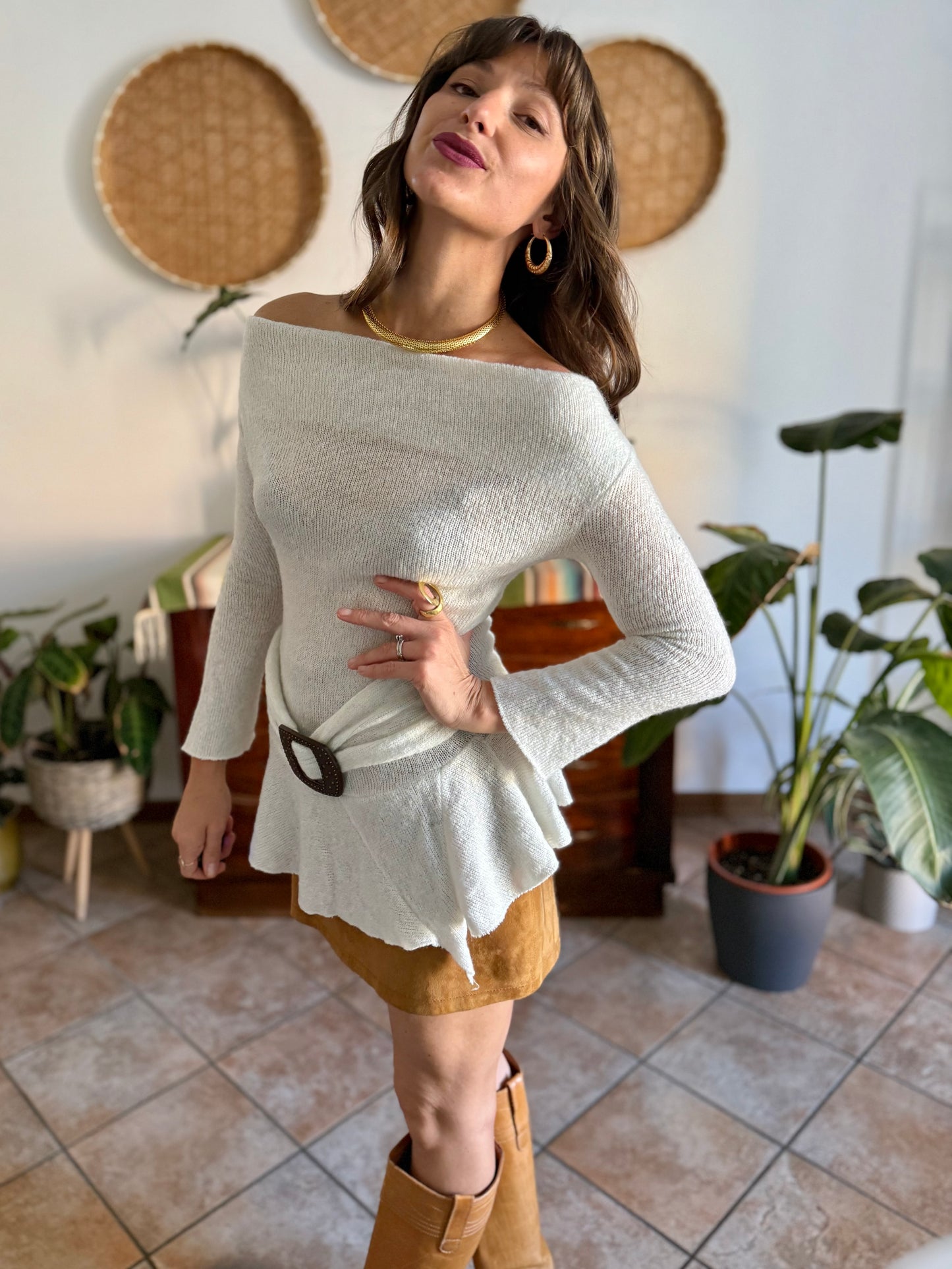 Y2K vintage asymmetrical cream mohair blend knit pullover with belt detail
