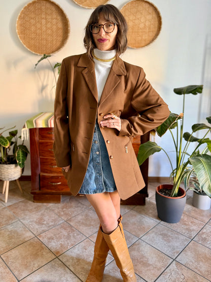 1970's vintage chocolate brown oversize wool jacket with gold metal details