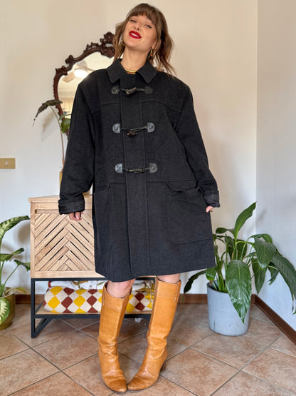 1970’s vintage charcoal grey cashmere and wool coat with toggle details