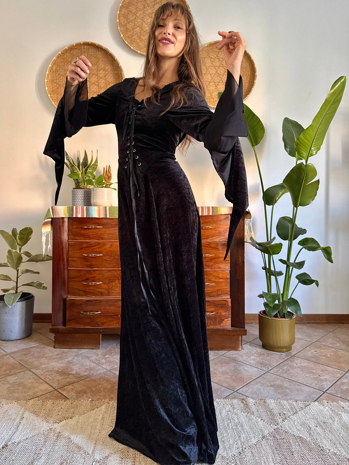 1990’s vintage black lace up bodice gothic velvet maxi dress with bell sleeves