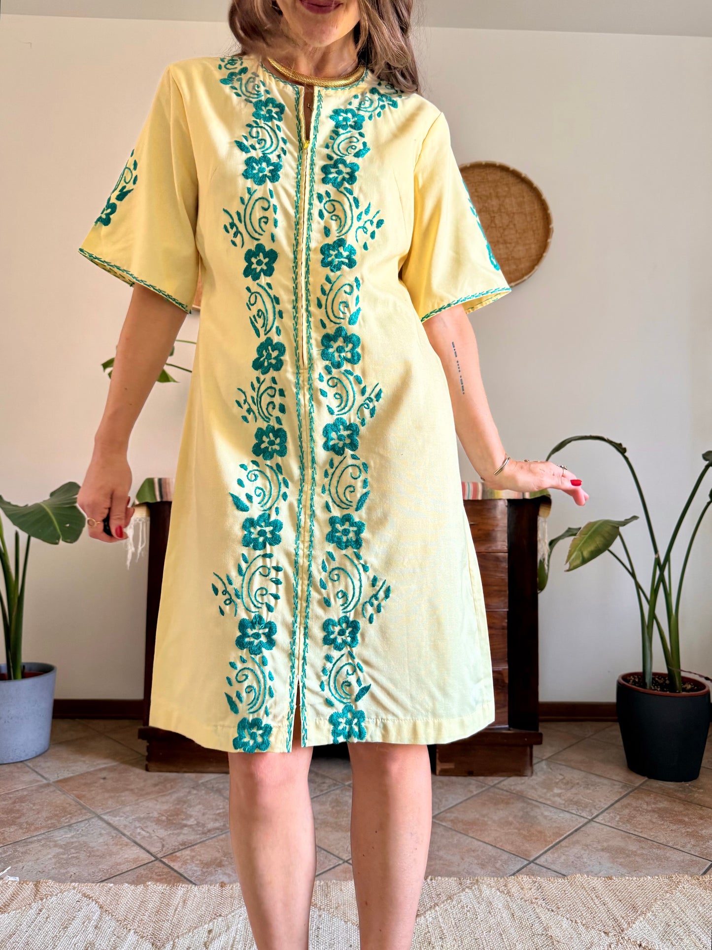 1970's vintage butter yellow cotton midi dress with green floral embroidery