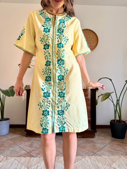 1970's vintage butter yellow cotton midi dress with green floral embroidery