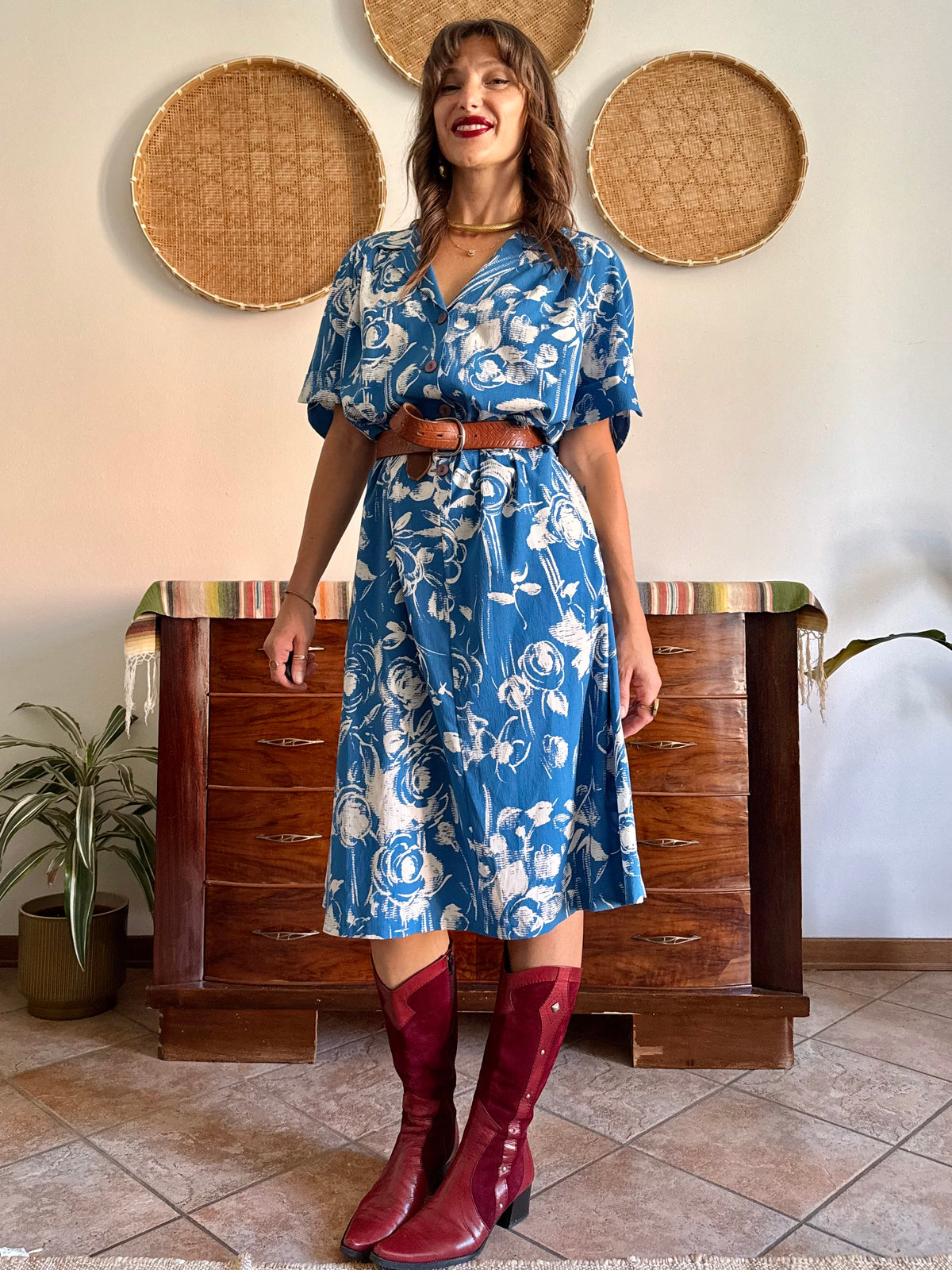 1960's vintage blue and cream floral silk midi dress