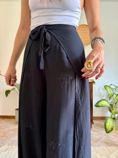 1990’s vintage black adjustable tie wide leg trousers with floral embroidery and sequin detailing